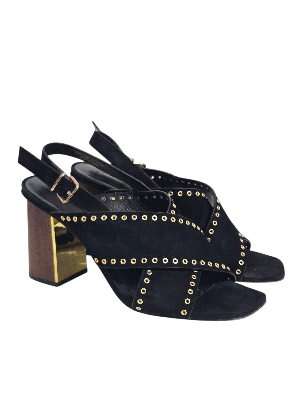 Lola Cruz Black Studded Leather Block Heel Sandals EU 38 Gold Grommet Slingbacks